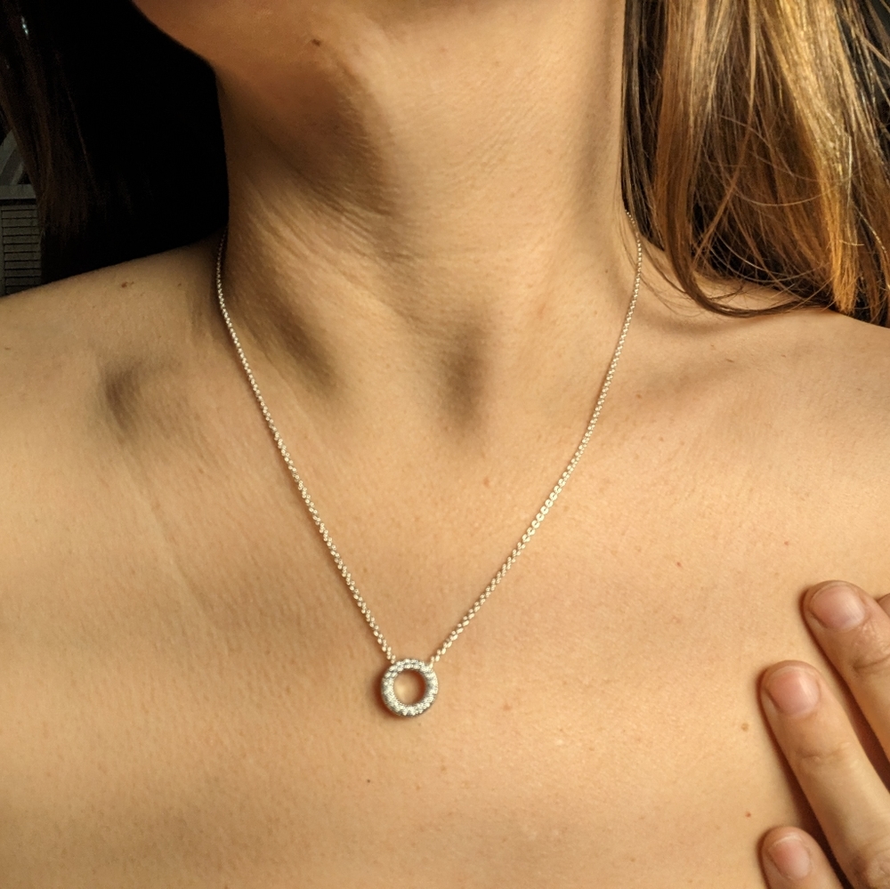 Pandora Logo Pavé Circle Collier Necklace and Added Pandora Knotted Heart Ring